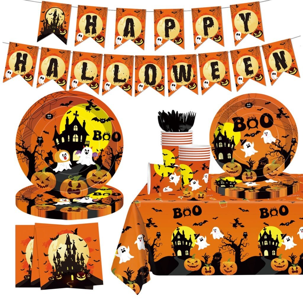 Halloween Pumpkin Party Tableware Set — Orange Boo-Themed Dinnerware