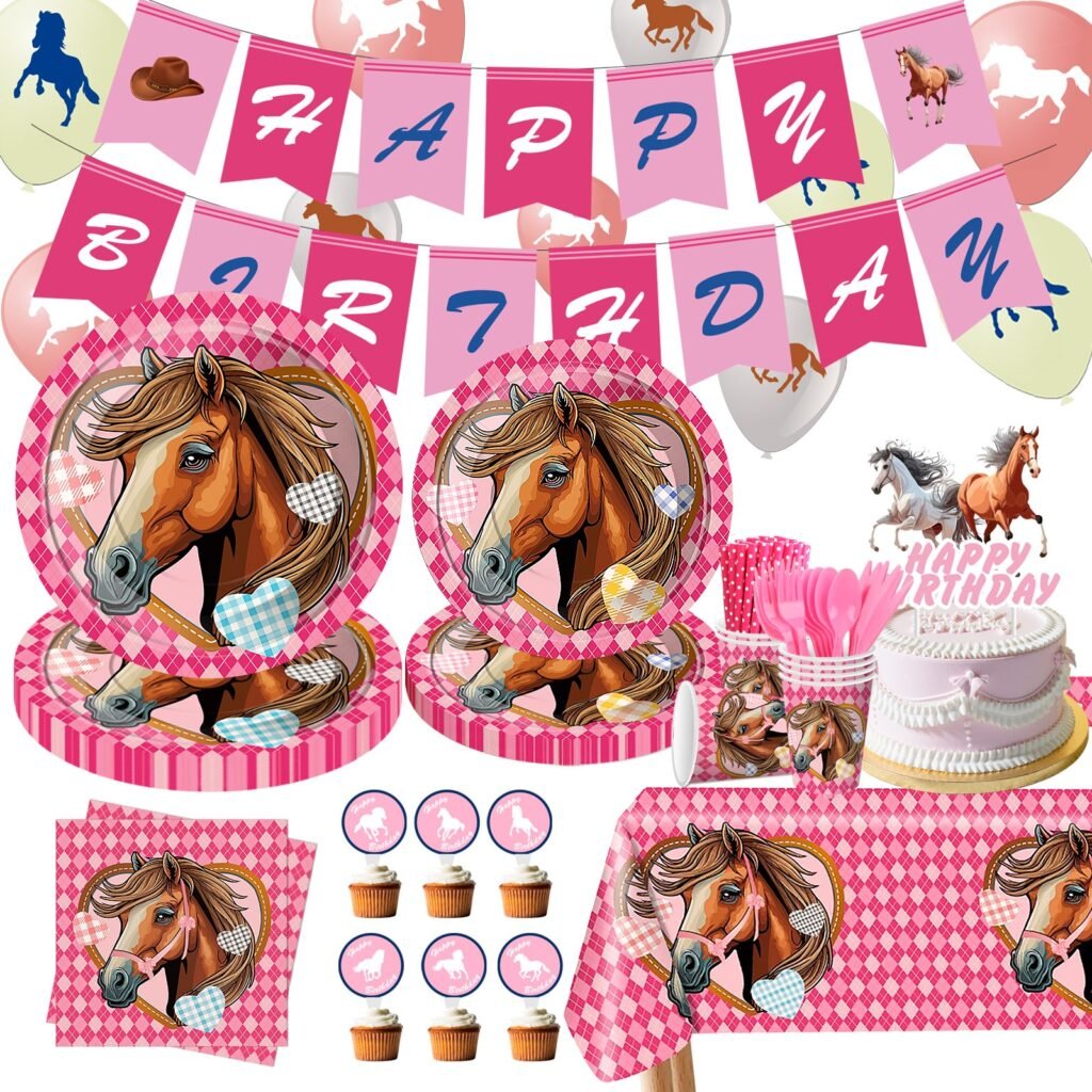 Pony and horse birthday party tableware set in pink