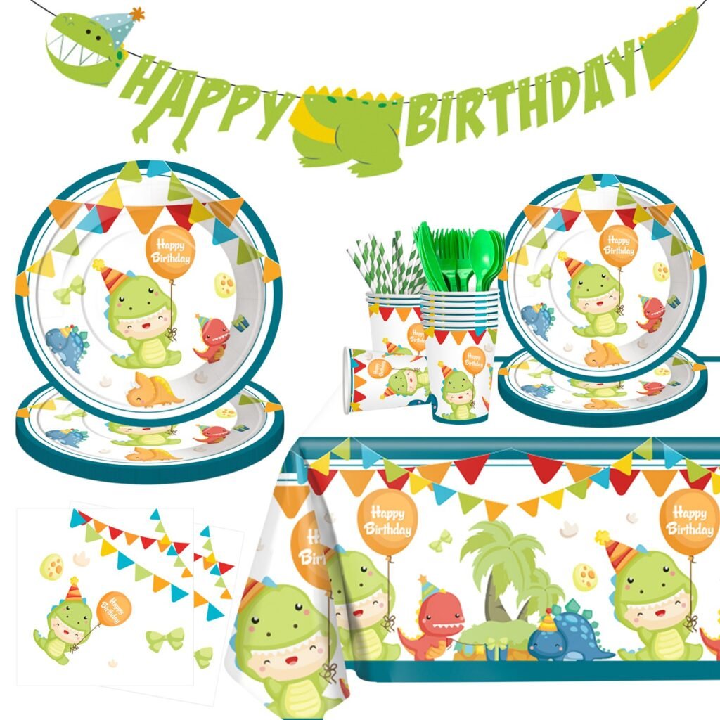 Dinosaur birthday party tableware set with green dino design