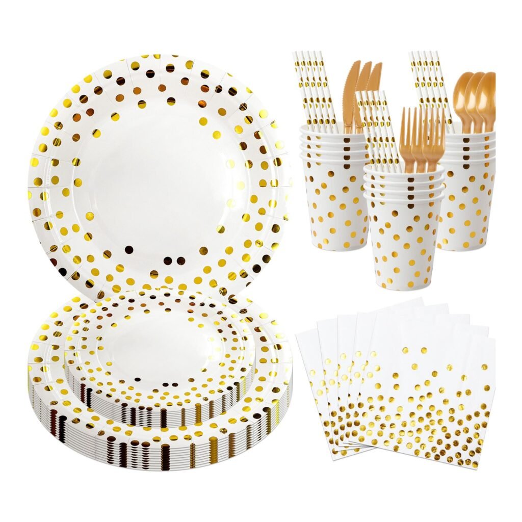 Gold Confetti Celebration Tableware Set — 8-Component Paper Range for Weddings and Anniversaries