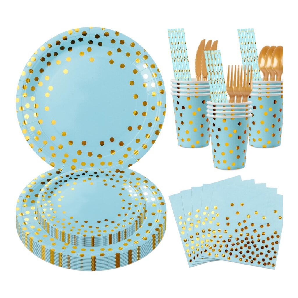 Powder Blue and Gold Confetti Tableware Set — 8-Component Baby Boy Shower Range