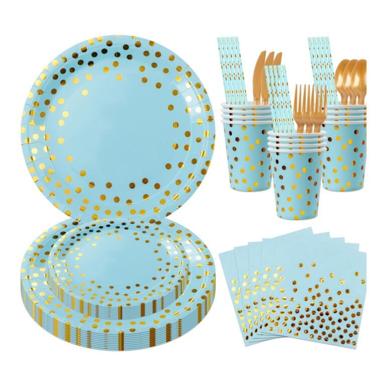 Powder Blue and Gold Confetti Tableware Set — 8-Component Baby Boy Shower Range