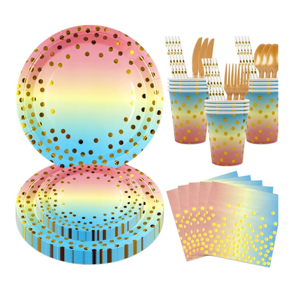 Rainbow Gradient Confetti Tableware Set — 8-Component Birthday Range — paper tableware wholesale party supplies