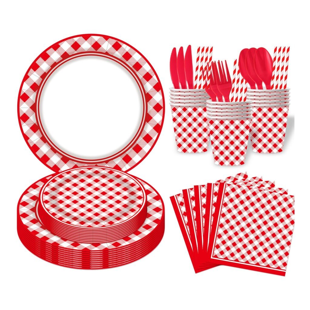 Red Gingham Picnic Tableware Set — 8-Component Summer and Holiday Range