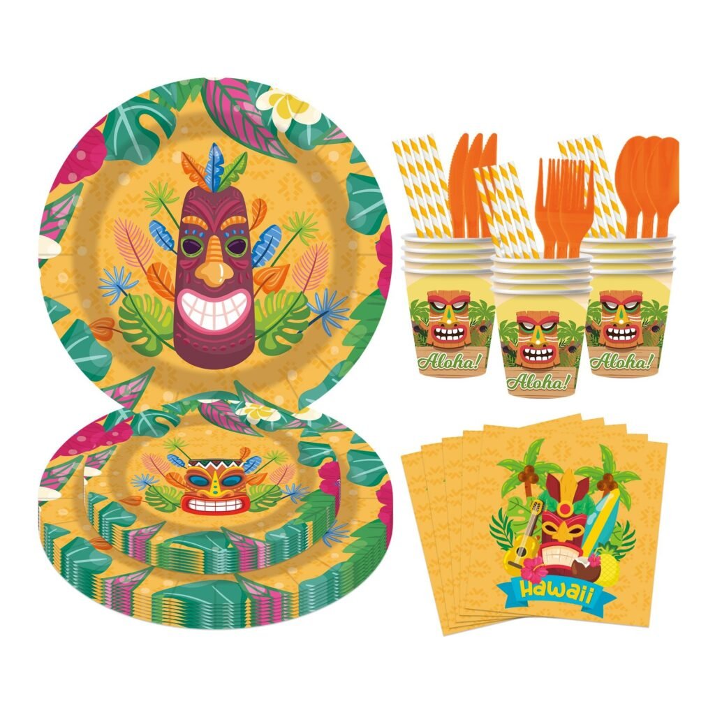 Hawaiian Tiki Luau Tableware Set — 8-Component Aloha Party Range