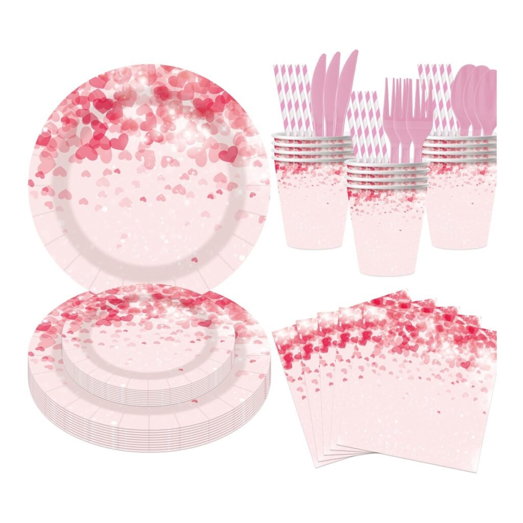 Blush Heart Confetti Tableware Set — 8-Component Valentine's Range — paper tableware wholesale party supplies