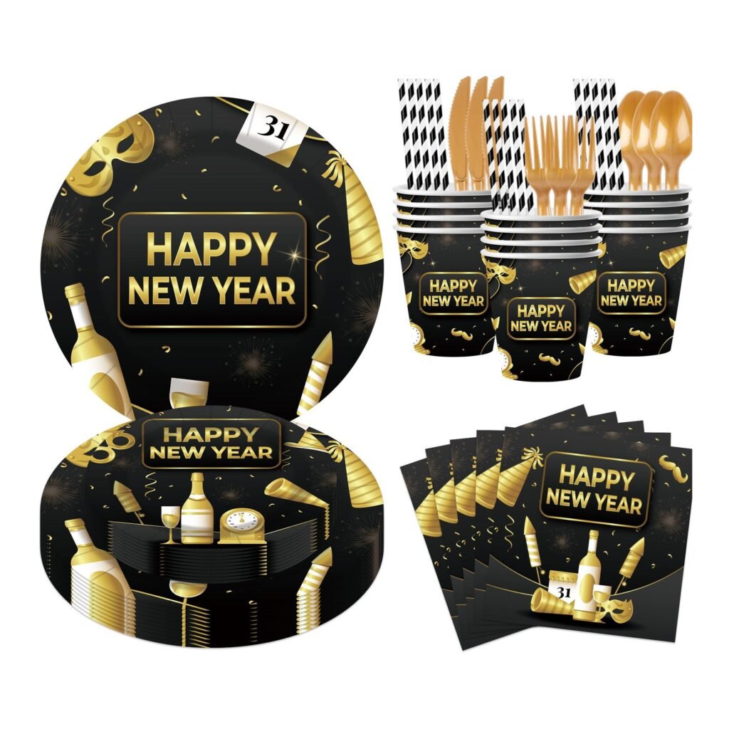 Happy New Year Black and Gold Tableware Set — 8-Component Countdown Range