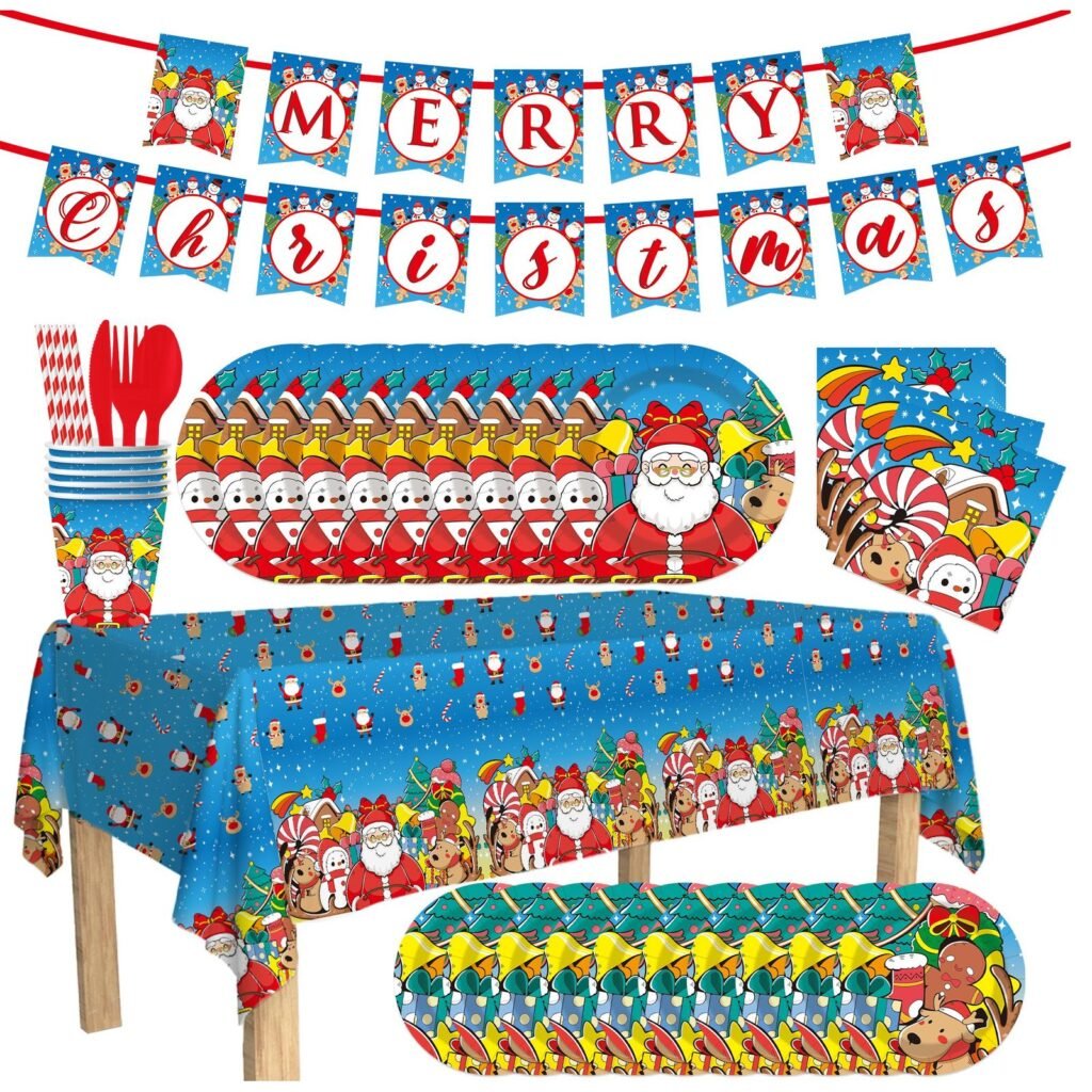 Set de vaisselle de Noël Père Noël et élan bleu — gamme papier 11 composants pour repas de fête en famille