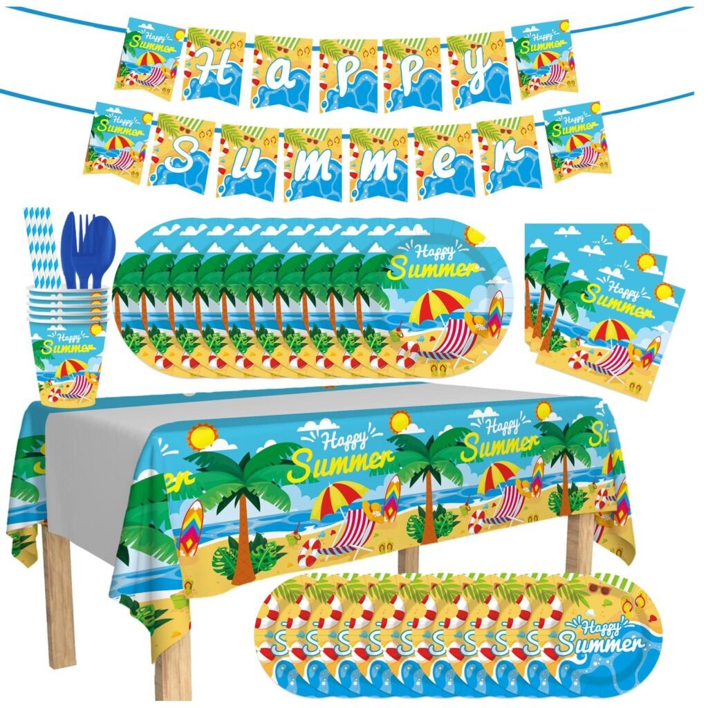 Happy Summer Tropical Beach Tableware Set — 11-Component Paper Range for Luau and Pool Parties