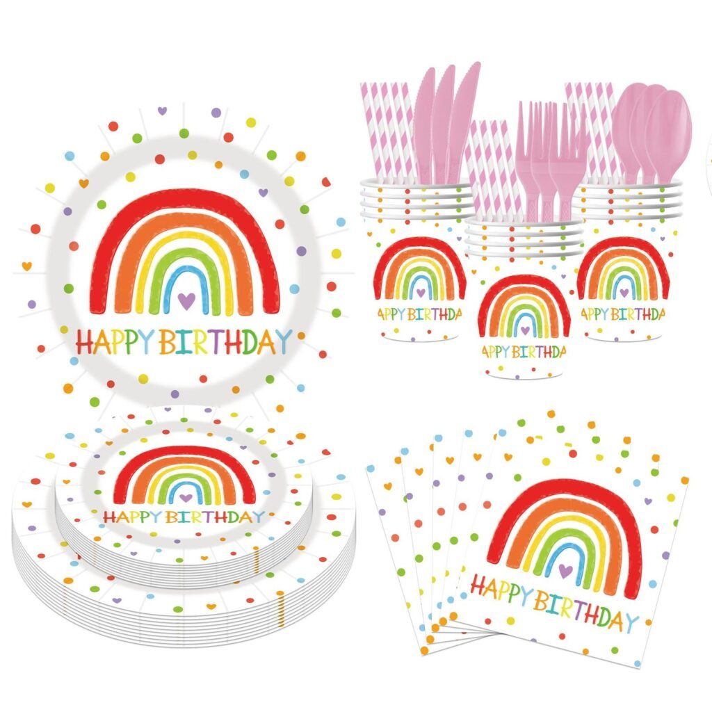Rainbow Birthday Tableware Set — 8-Component Confetti-Dot Paper Range for Kids Parties