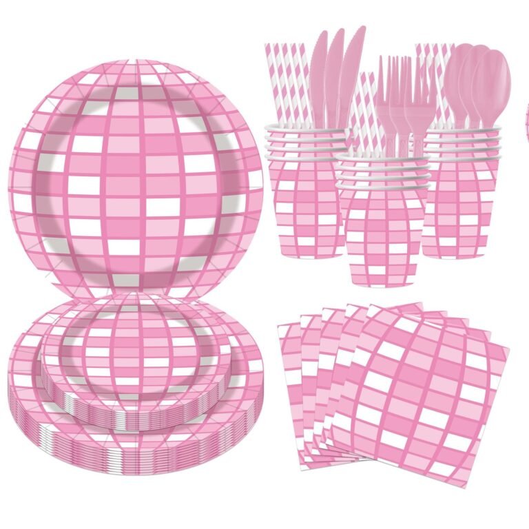 Pink Gingham Grid Tableware Set — 8-Component Paper Range for Baby Showers and Girls Birthdays