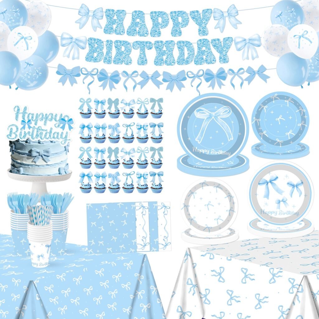 Baby Blue Bow Boy Baby Shower & 1st Birthday Party Tableware Set