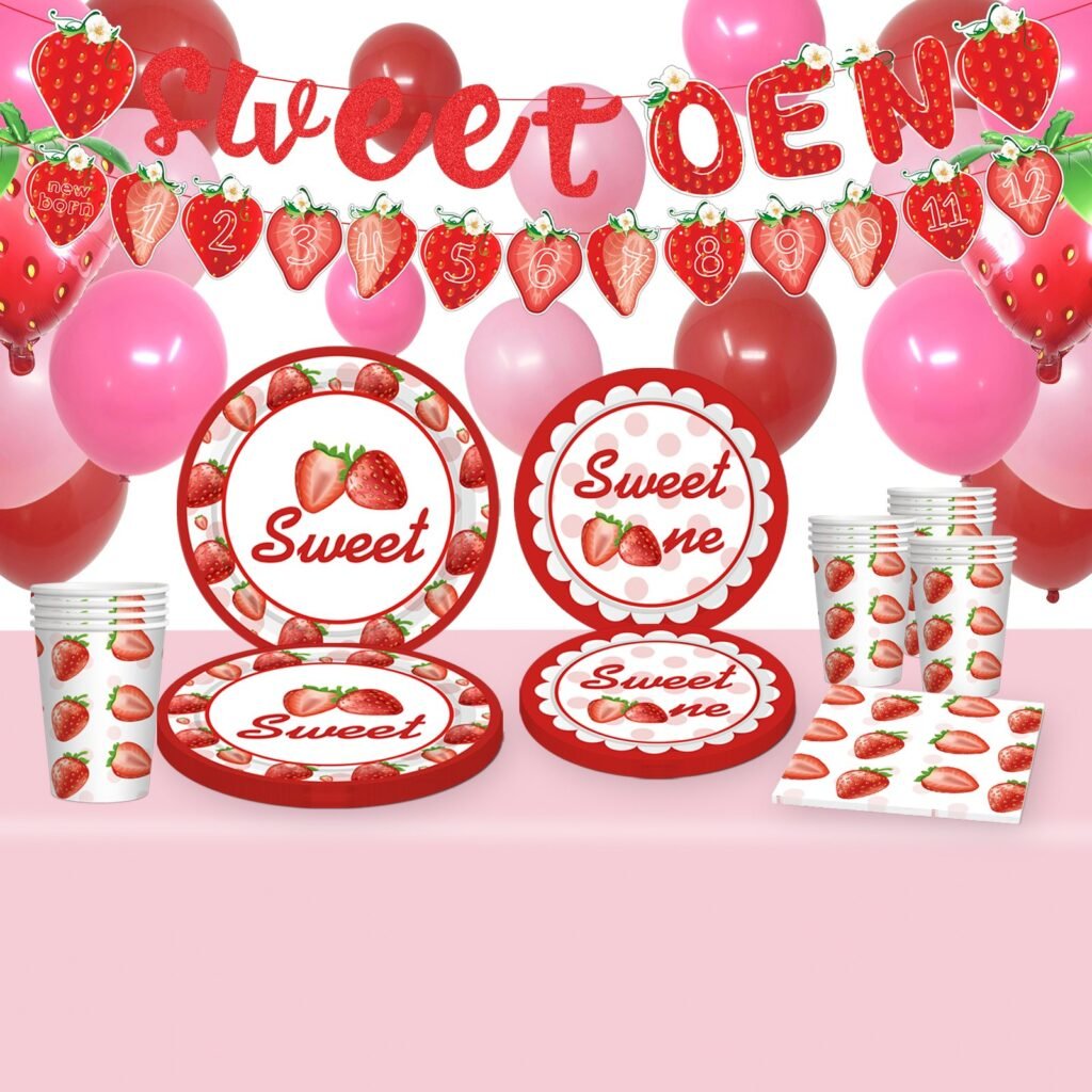 Sweet One Strawberry 1st Birthday Party Tableware Set — full party tableware set hero view