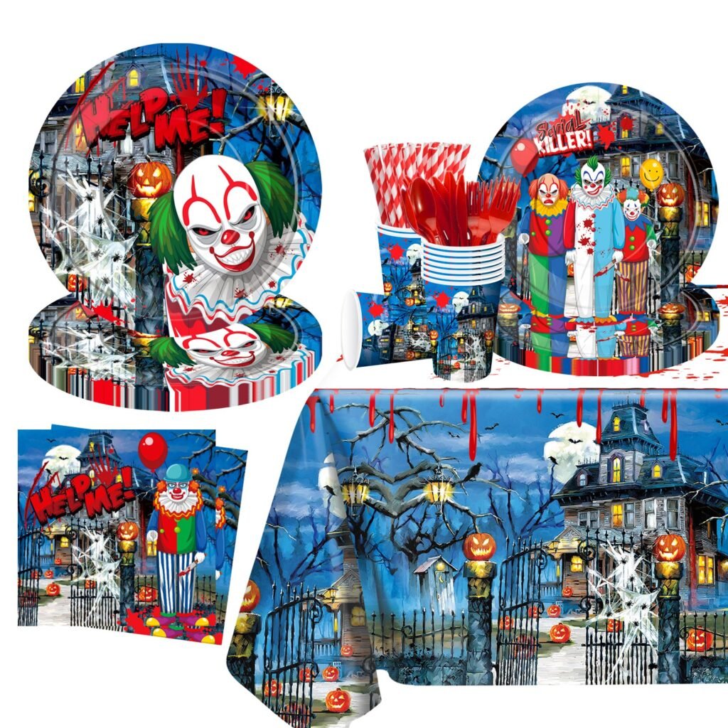 Killer Clown Halloween Adult Party Tableware Set — Horror Theme Dinnerware