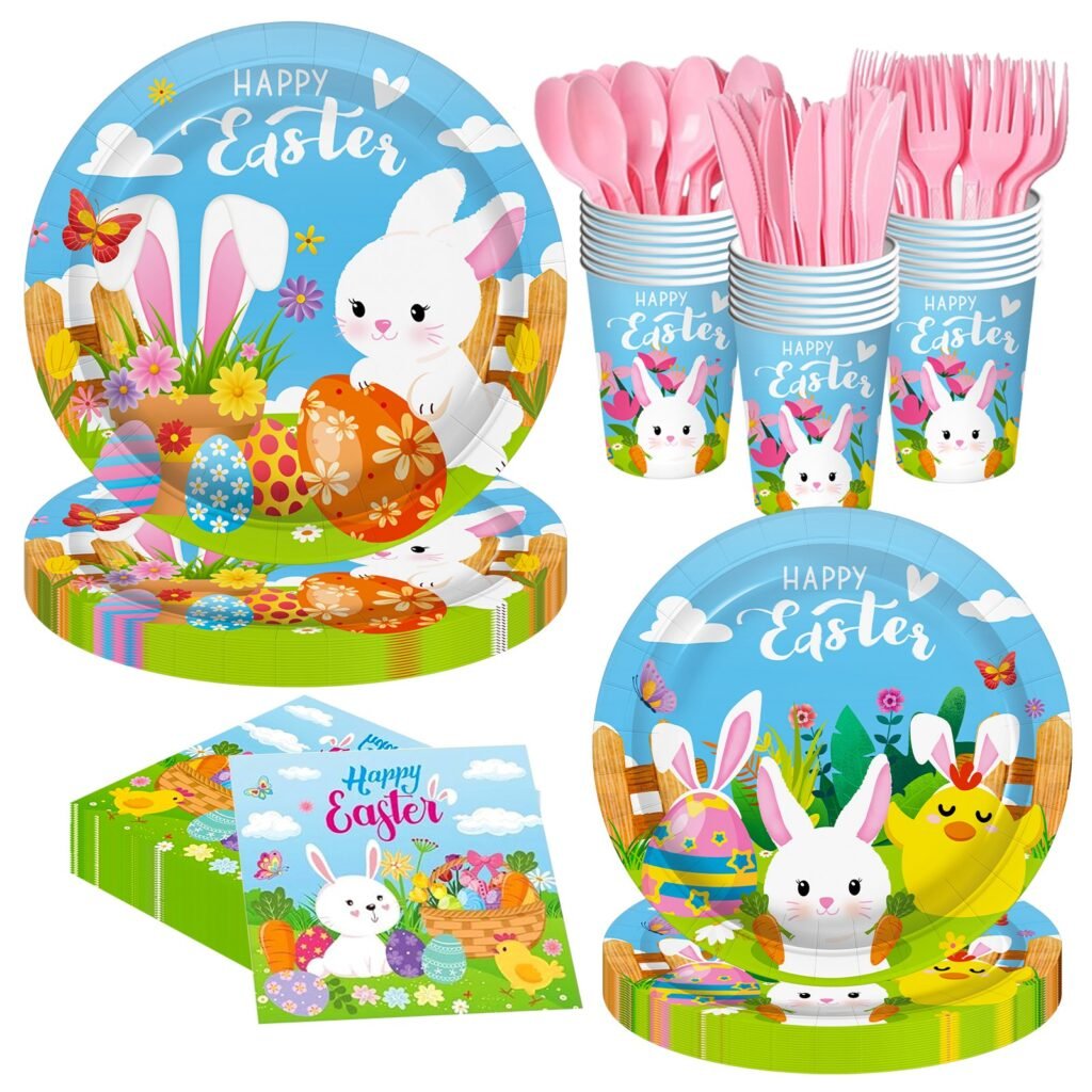 Easter Bunny Pastel Blue Spring Party Tableware Set — full party tableware set hero view