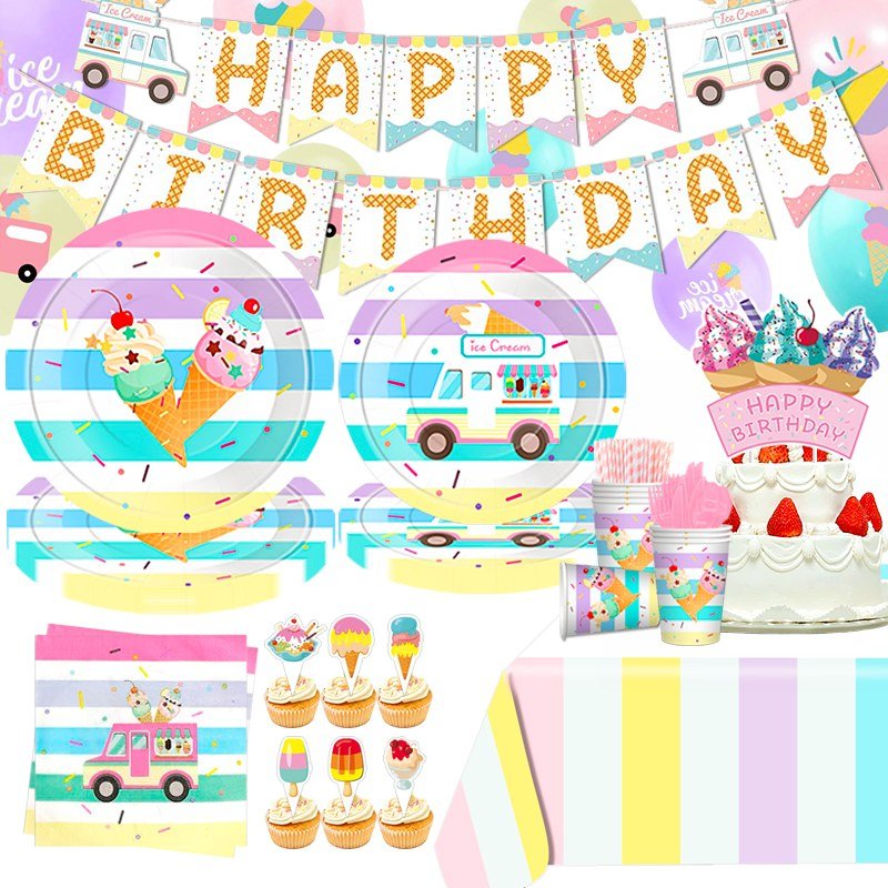 Ice Cream Pastel Kids Birthday Party Tableware Set — full party tableware set hero view