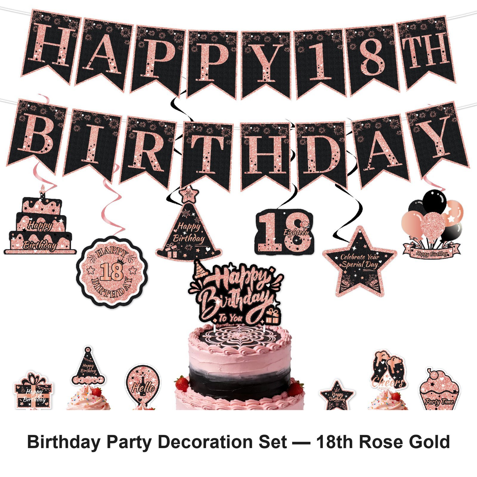 18th Birthday Party Decoration Set — Pink & Rose Gold
