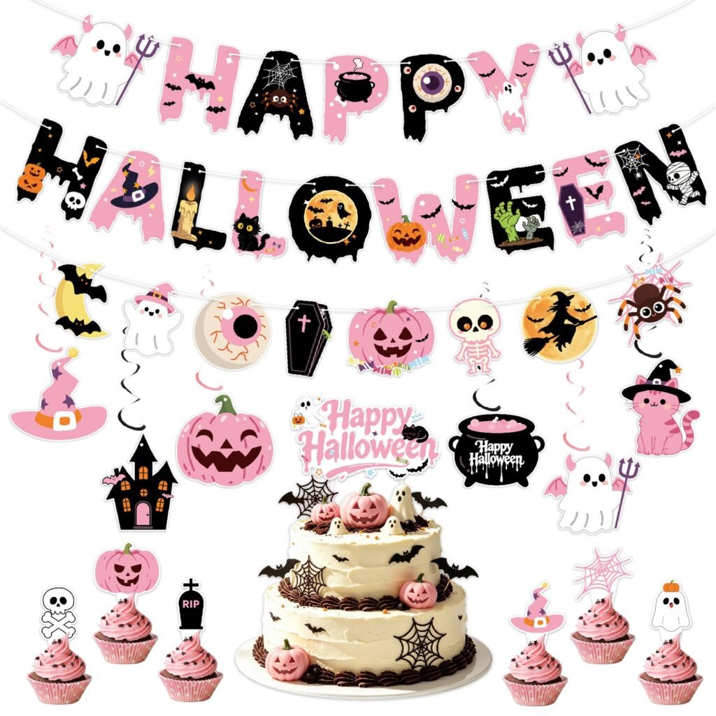 Pink Halloween Party Decoration Set — Banners, Spirals & Signs