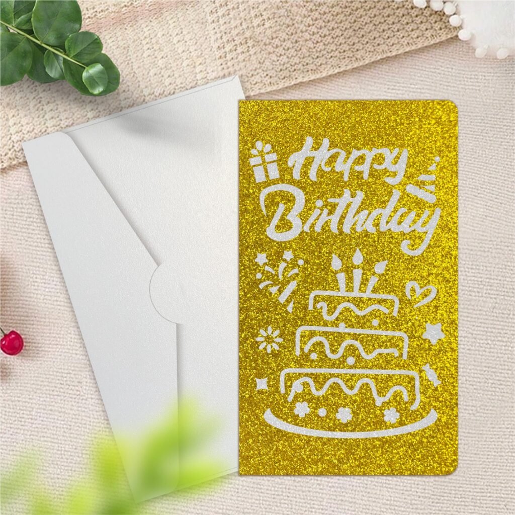 Gold glitter laser-cut Happy Birthday card with matching white envelope