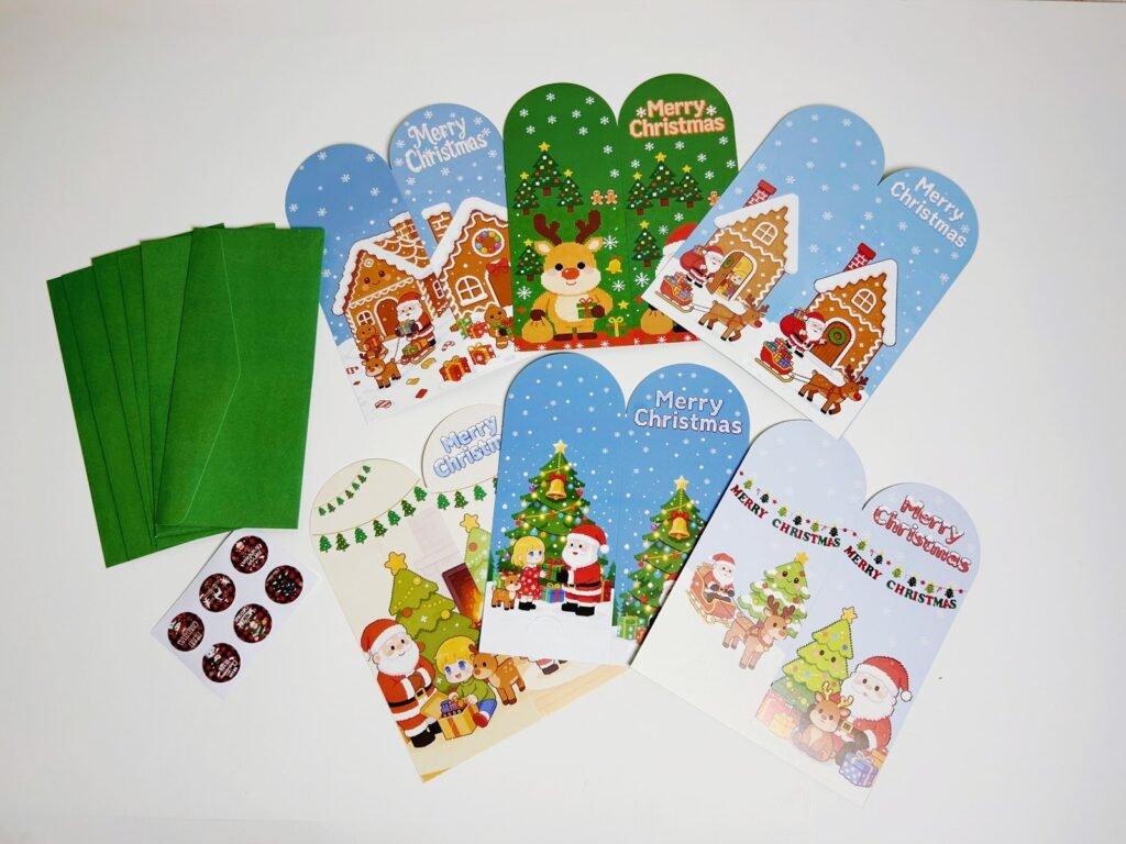 Vertical Christmas Greeting Cards Set C — 6 Cards with Envelopes & Stickers