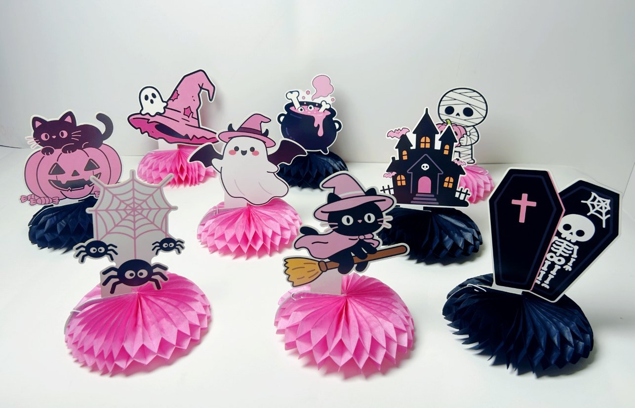 Halloween honeycomb decorations Style F assembled — pink and black honeycomb tabletop pieces photographed on a white background