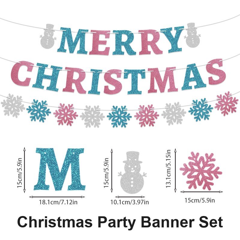 Pink and teal glitter MERRY CHRISTMAS bunting letters with snowflake garlands